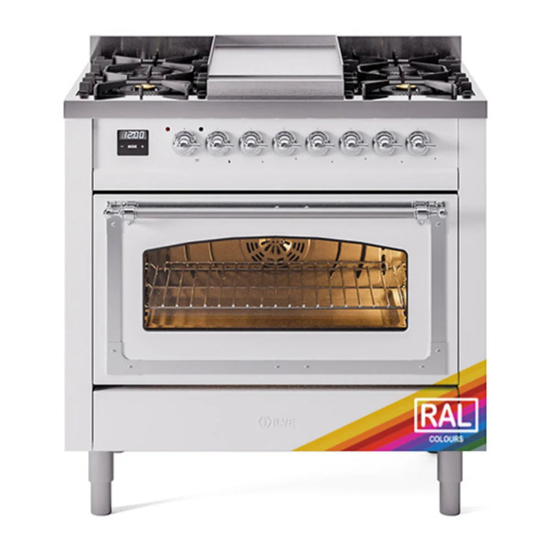 ILVE Nostalgie II Noblesse 36" Dual Fuel Freestanding Range in RAL Color with Chrome Trim, UN36FNMPRACLP