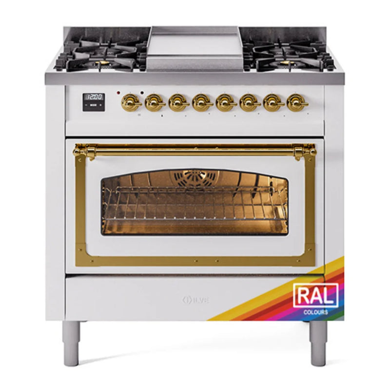 ILVE Nostalgie II Noblesse 36" Dual Fuel Freestanding Range in RAL Color with Brass Trim, UN36FNMPRAGLP
