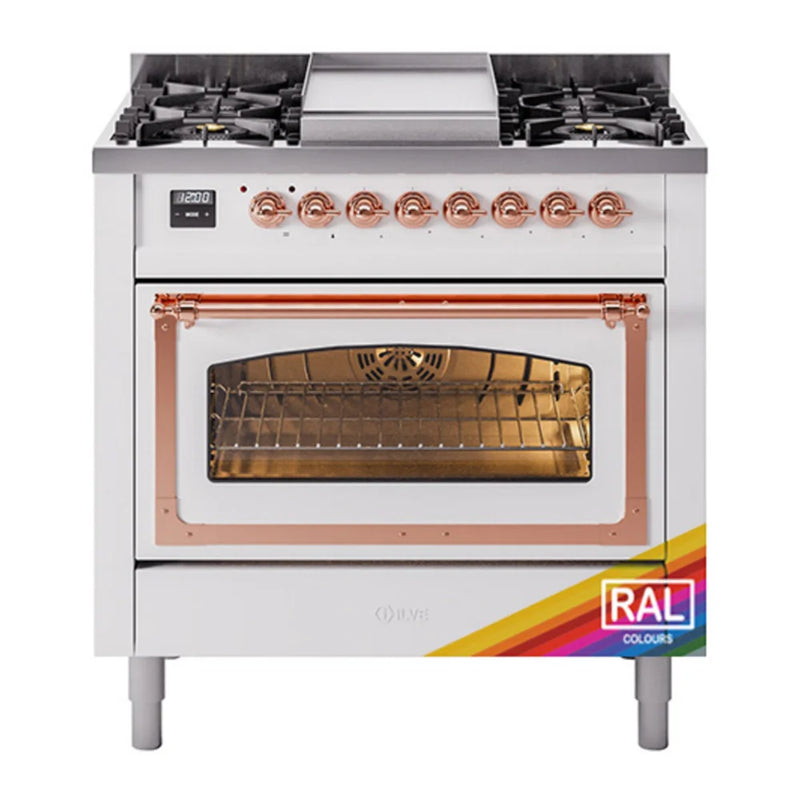 ILVE Nostalgie II Noblesse 36" Dual Fuel Freestanding Range in RAL Color with Copper Trim, UN36FNMPRAP