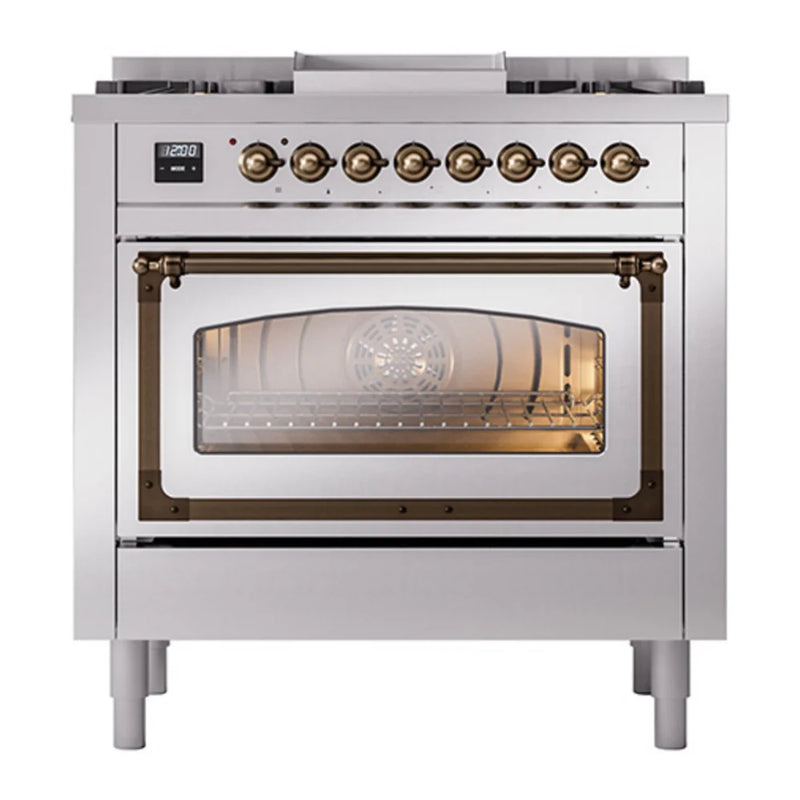 ILVE Nostalgie II Noblesse 36" Dual Fuel Freestanding Range in Stainless Steel with Burnished Trim, UN36FNMPSSBLP