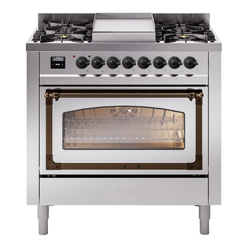 ILVE Nostalgie II Noblesse 36" Dual Fuel Freestanding Range in Stainless Steel with Burnished Trim, UN36FNMPSSB