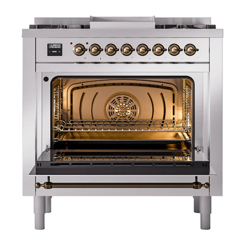 ILVE Nostalgie II Noblesse 36" Dual Fuel Freestanding Range in Stainless Steel with Burnished Trim, UN36FNMPSSB