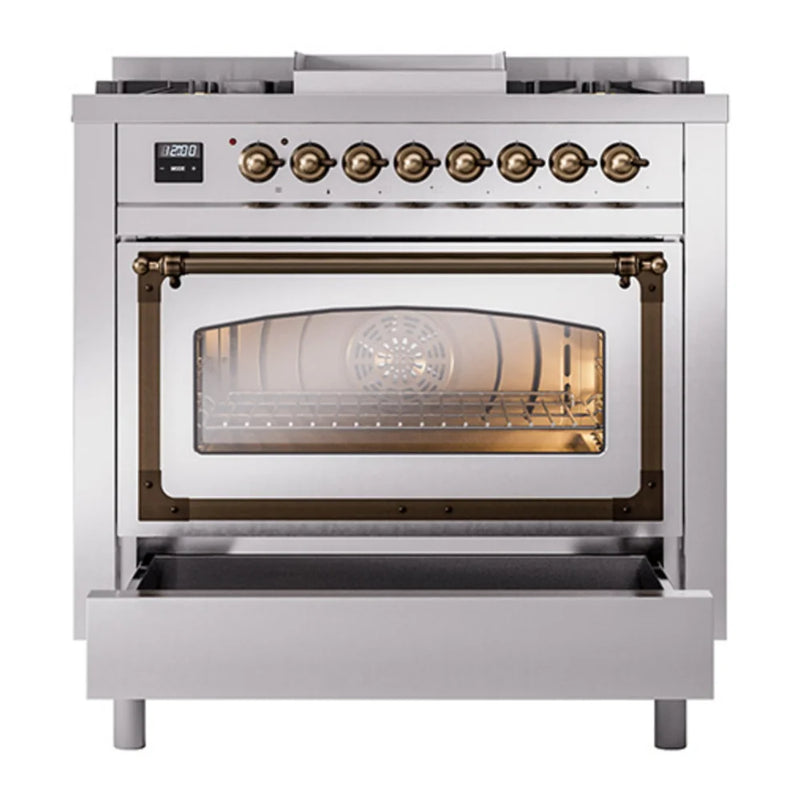 ILVE Nostalgie II Noblesse 36" Dual Fuel Freestanding Range in Stainless Steel with Burnished Trim, UN36FNMPSSB