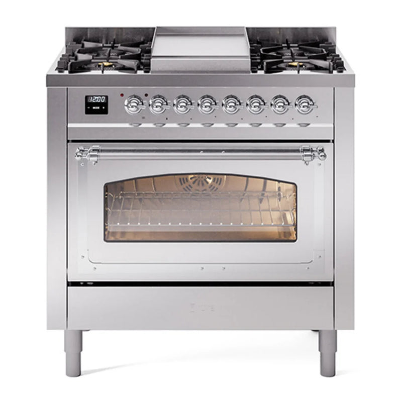 ILVE Nostalgie II Noblesse 36" Dual Fuel Freestanding Range in Stainless Steel with Chrome Trim, UN36FNMPSSC
