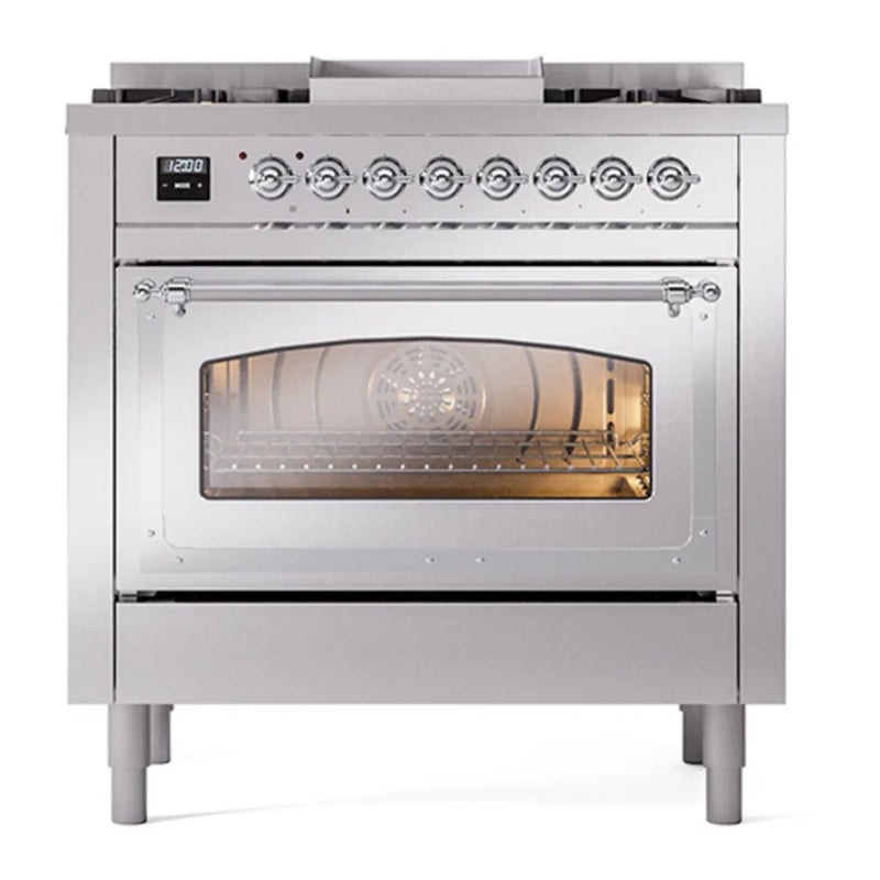 ILVE Nostalgie II Noblesse 36" Dual Fuel Freestanding Range in Stainless Steel with Chrome Trim, UN36FNMPSSC