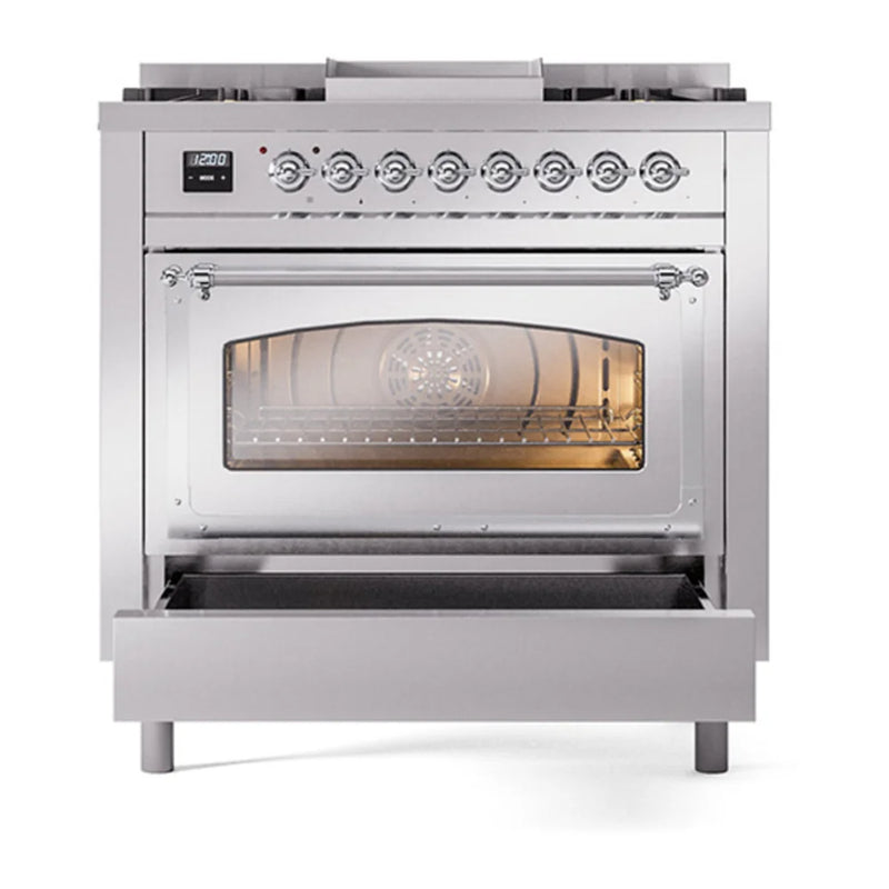 ILVE Nostalgie II Noblesse 36" Dual Fuel Freestanding Range in Stainless Steel with Chrome Trim, UN36FNMPSSC