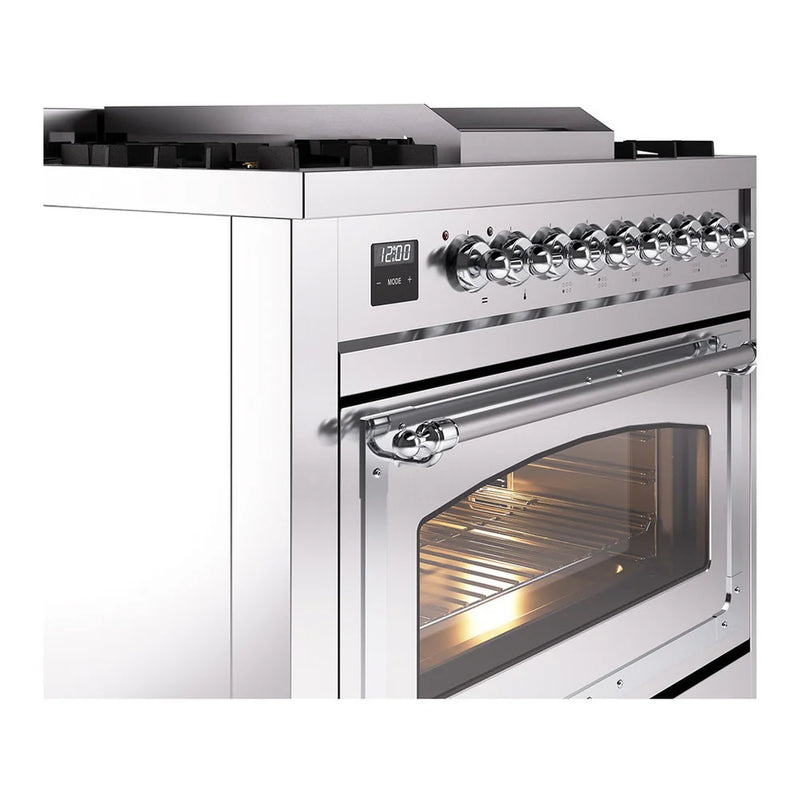 ILVE Nostalgie II Noblesse 36" Dual Fuel Freestanding Range in Stainless Steel with Chrome Trim, UN36FNMPSSC