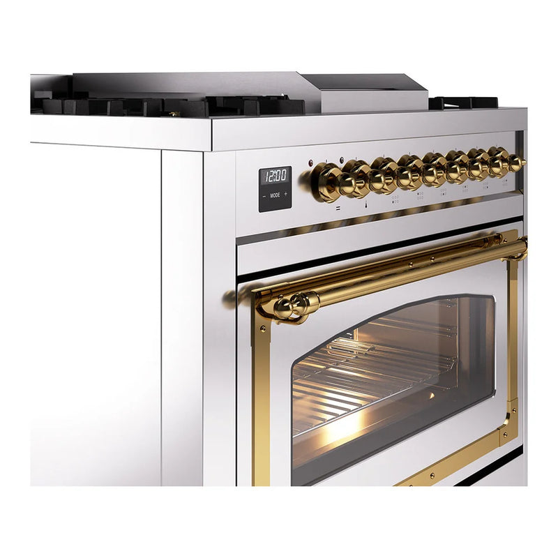 ILVE Nostalgie II Noblesse 36" Dual Fuel Freestanding Range in Stainless Steel with Brass Trim, UN36FNMPSSGLP