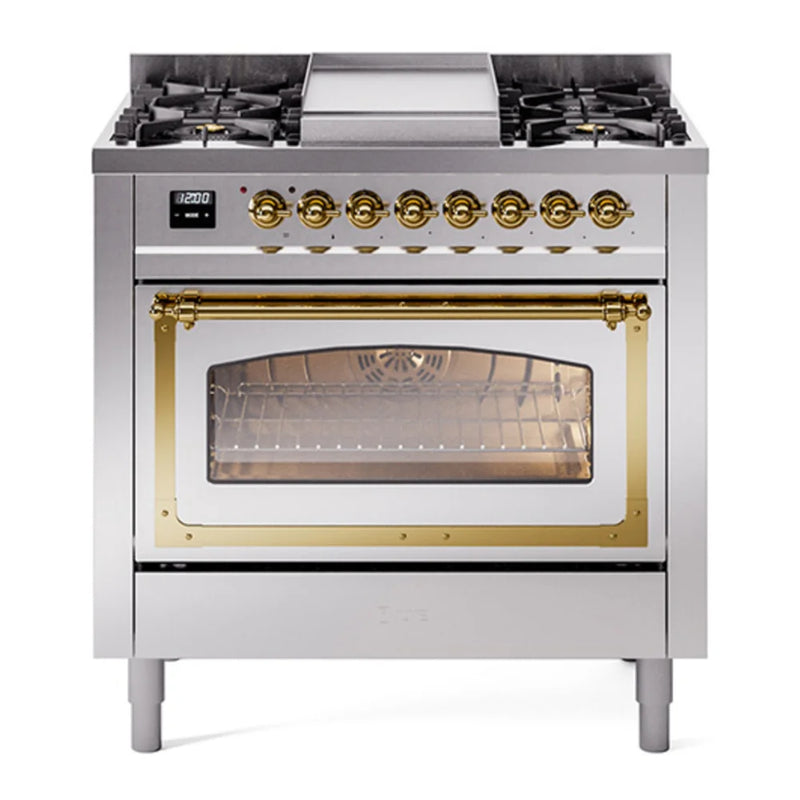 ILVE Nostalgie II Noblesse 36" Dual Fuel Freestanding Range in Stainless Steel with Brass Trim, UN36FNMPSSG
