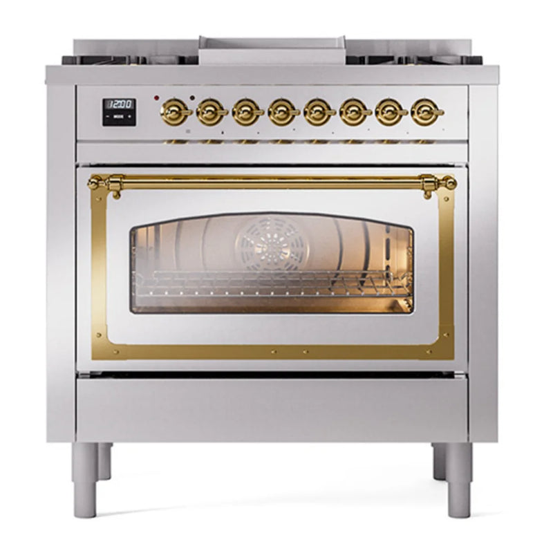ILVE Nostalgie II Noblesse 36" Dual Fuel Freestanding Range in Stainless Steel with Brass Trim, UN36FNMPSSG