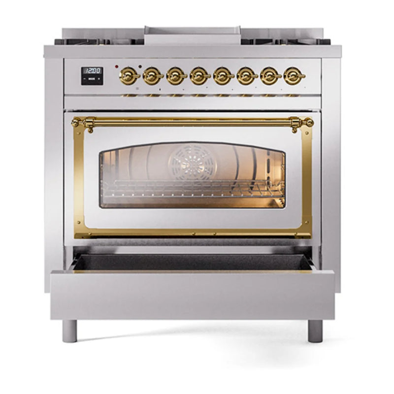 ILVE Nostalgie II Noblesse 36" Dual Fuel Freestanding Range in Stainless Steel with Brass Trim, UN36FNMPSSG