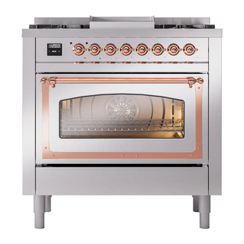 ILVE Nostalgie II Noblesse 36" Dual Fuel Freestanding Range in Stainless Steel with Copper Trim, UN36FNMPSSPLP