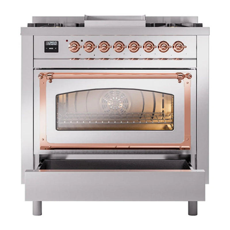 ILVE Nostalgie II Noblesse 36" Dual Fuel Freestanding Range in Stainless Steel with Copper Trim, UN36FNMPSSPLP