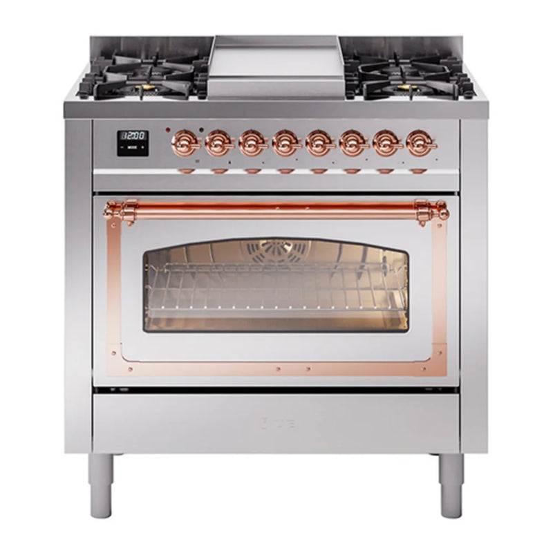 ILVE Nostalgie II Noblesse 36" Dual Fuel Freestanding Range in Stainless Steel with Copper Trim, UN36FNMPSSP