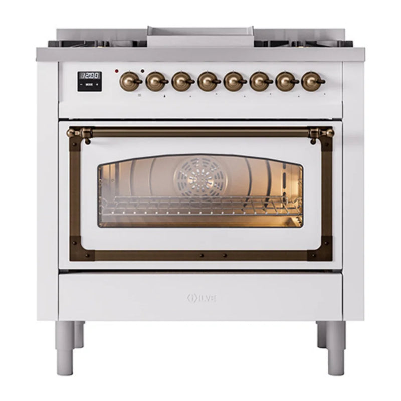 ILVE Nostalgie II Noblesse 36" Dual Fuel Freestanding Range in White with Burnished Trim, UN36FNMPWHBLP