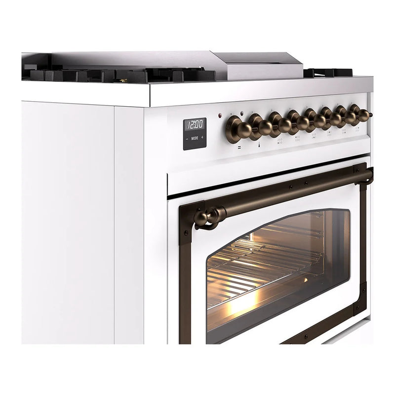 ILVE Nostalgie II Noblesse 36" Dual Fuel Freestanding Range in White with Burnished Trim, UN36FNMPWHBLP