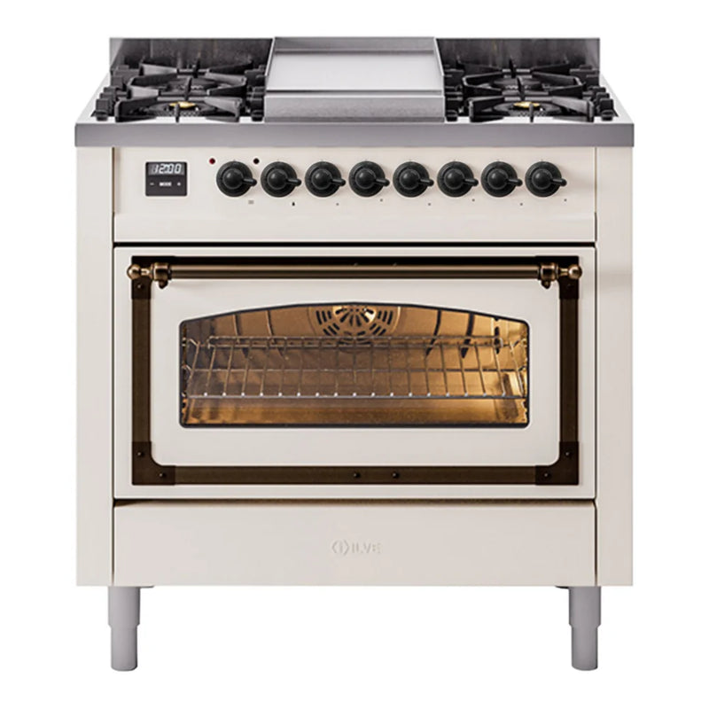 ILVE Nostalgie II Noblesse 36" Dual Fuel Freestanding Range in White with Burnished Trim, UN36FNMPWHB