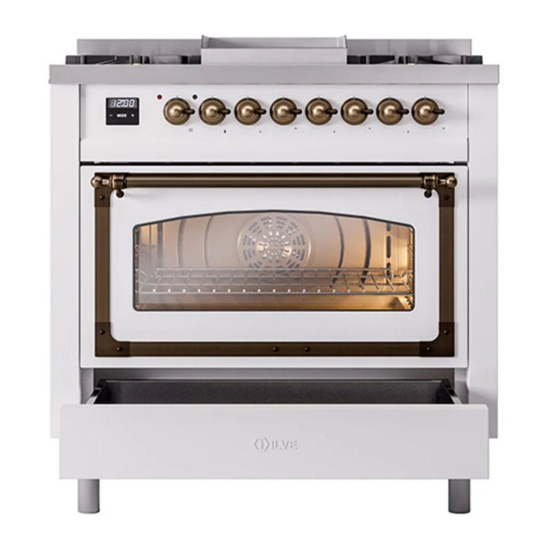 ILVE Nostalgie II Noblesse 36" Dual Fuel Freestanding Range in White with Burnished Trim, UN36FNMPWHB