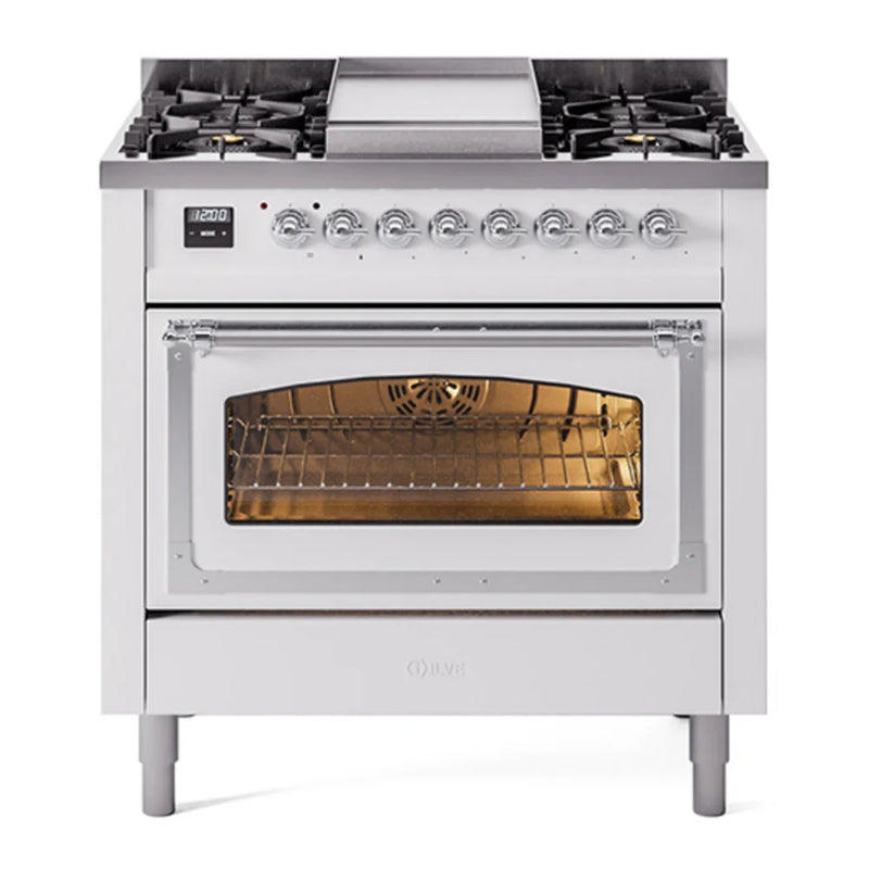 ILVE Nostalgie II Noblesse 36" Dual Fuel Freestanding Range in White with Chrome Trim, UN36FNMPWHCLP