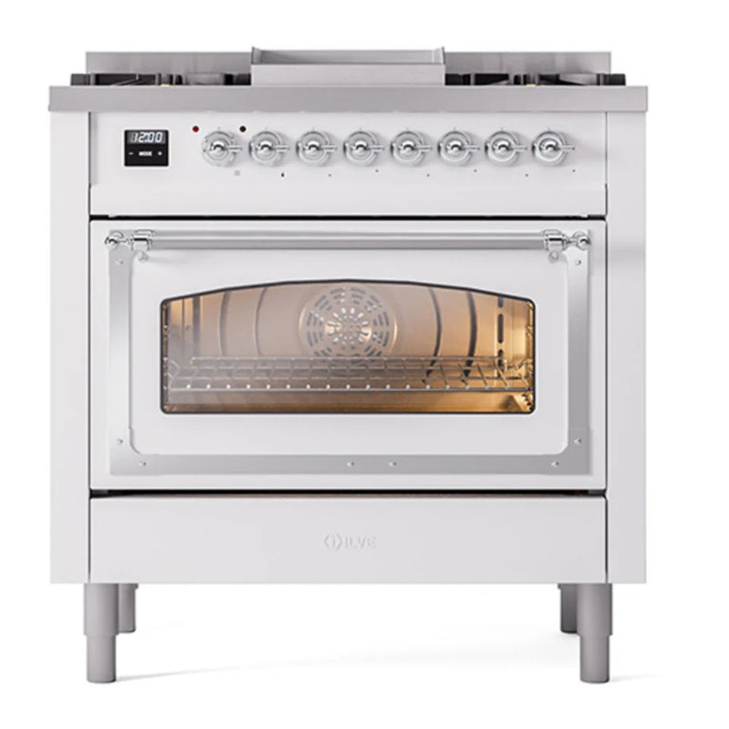 ILVE Nostalgie II Noblesse 36" Dual Fuel Freestanding Range in White with Chrome Trim, UN36FNMPWHCLP