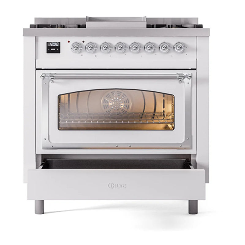 ILVE Nostalgie II Noblesse 36" Dual Fuel Freestanding Range in White with Chrome Trim, UN36FNMPWHC