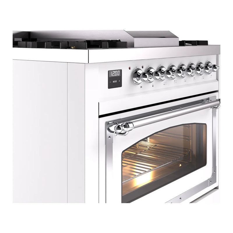 ILVE Nostalgie II Noblesse 36" Dual Fuel Freestanding Range in White with Chrome Trim, UN36FNMPWHC