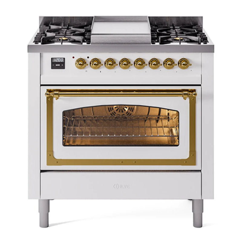 ILVE Nostalgie II Noblesse 36" Dual Fuel Freestanding Range in White with Brass Trim, UN36FNMPWHGLP