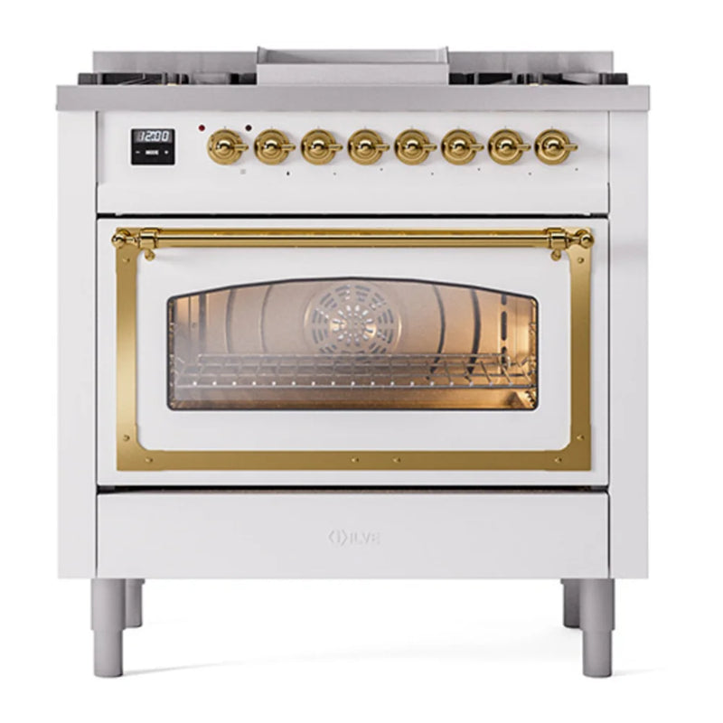 ILVE Nostalgie II Noblesse 36" Dual Fuel Freestanding Range in White with Brass Trim, UN36FNMPWHGLP