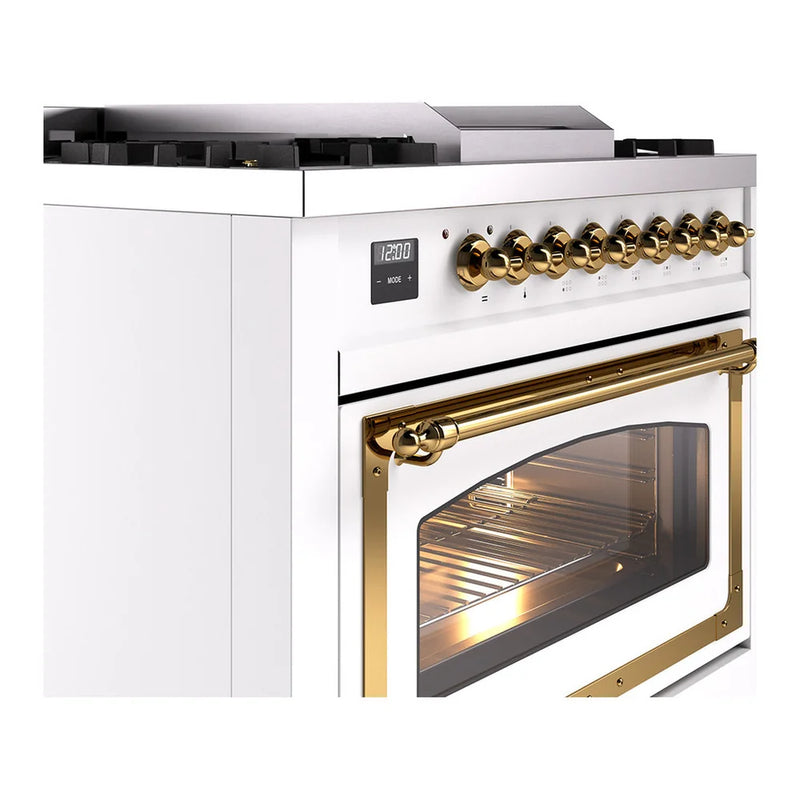 ILVE Nostalgie II Noblesse 36" Dual Fuel Freestanding Range in White with Brass Trim, UN36FNMPWHGLP