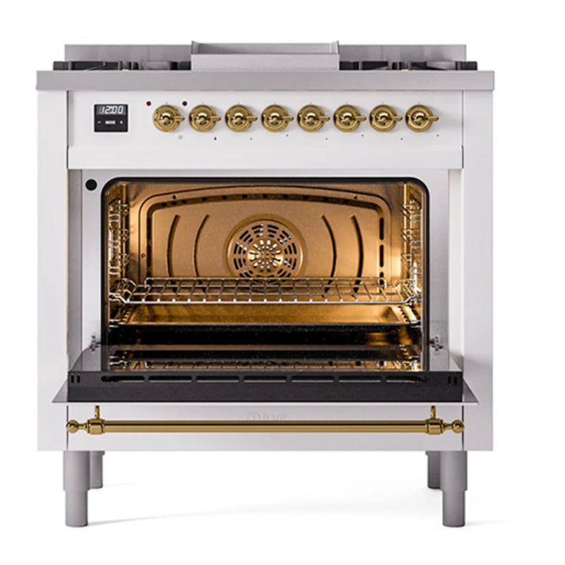 ILVE Nostalgie II Noblesse 36" Dual Fuel Freestanding Range in White with Brass Trim, UN36FNMPWHG