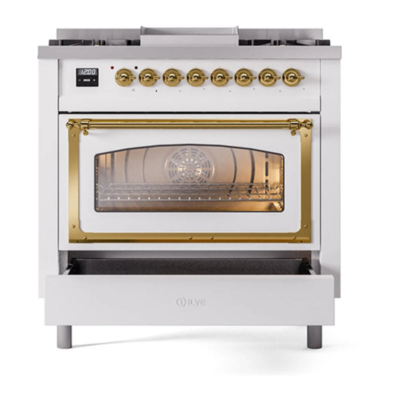 ILVE Nostalgie II Noblesse 36" Dual Fuel Freestanding Range in White with Brass Trim, UN36FNMPWHG
