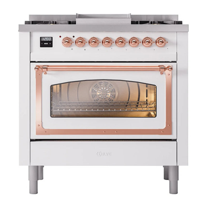 ILVE Nostalgie II Noblesse 36" Dual Fuel Freestanding Range in White with Copper Trim, UN36FNMPWHPLP