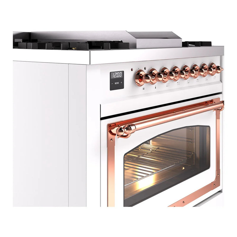 ILVE Nostalgie II Noblesse 36" Dual Fuel Freestanding Range in White with Copper Trim, UN36FNMPWHPLP