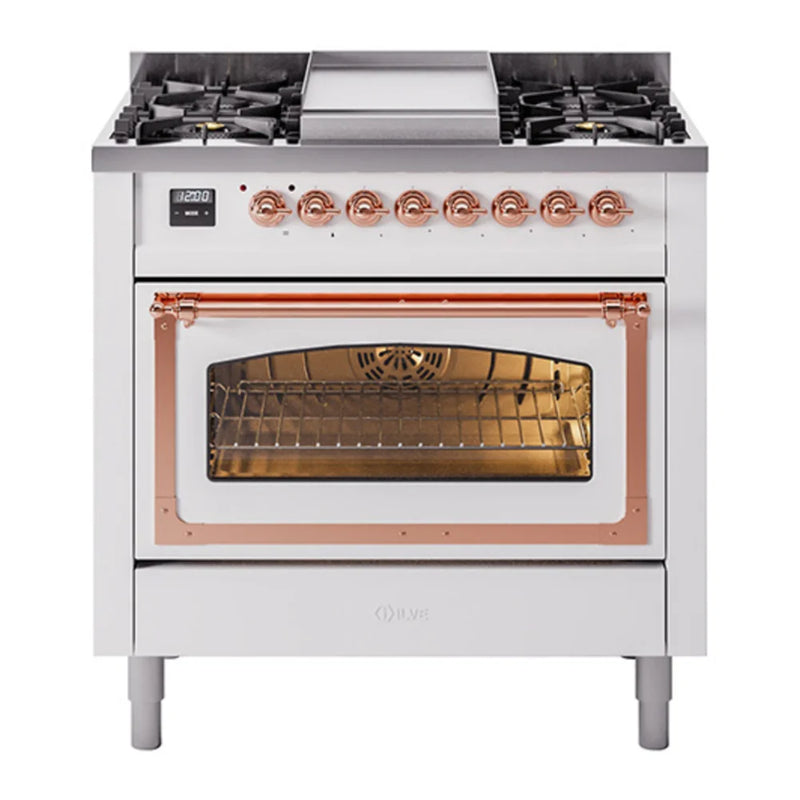 ILVE Nostalgie II Noblesse 36" Dual Fuel Freestanding Range in White with Copper Trim, UN36FNMPWHP