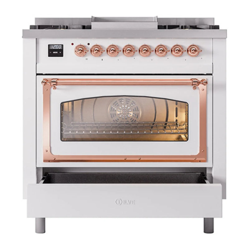 ILVE Nostalgie II Noblesse 36" Dual Fuel Freestanding Range in White with Copper Trim, UN36FNMPWHP