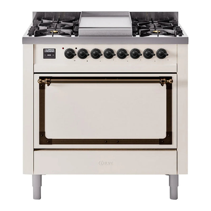 ILVE Nostalgie II Noblesse 36" Dual Fuel Freestanding Range in Antique White with Burnished Trim, UN36FQNMPAWBLP