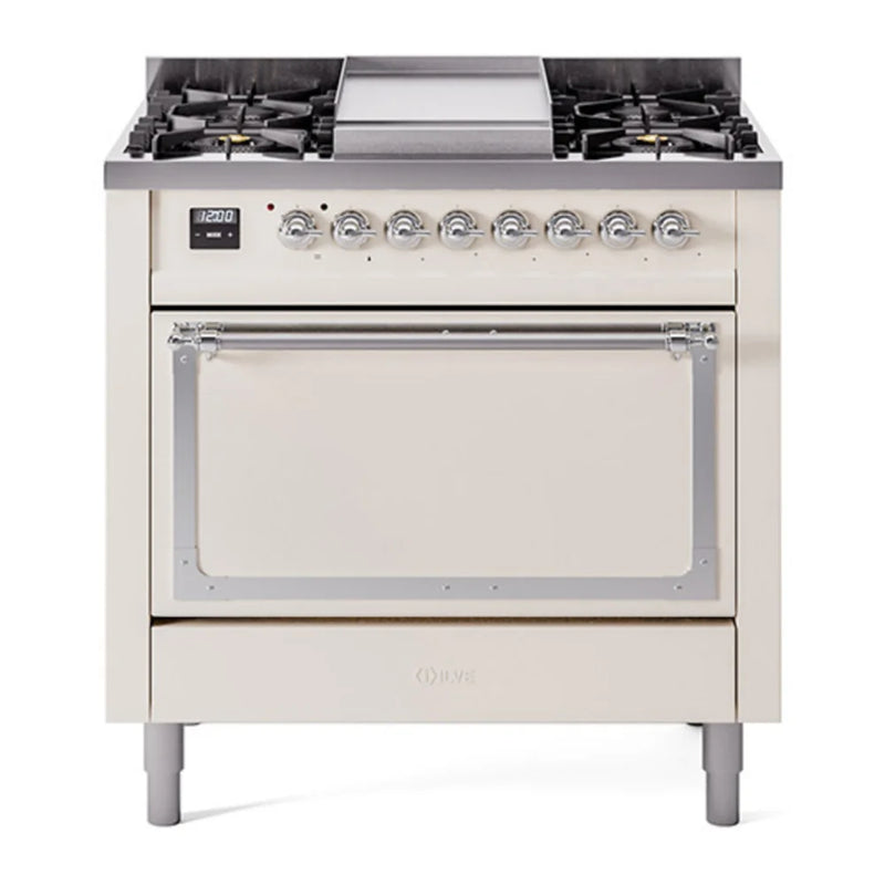 ILVE Nostalgie II Noblesse 36" Dual Fuel Freestanding Range in Antique White with Chrome Trim, UN36FQNMPAWCLP