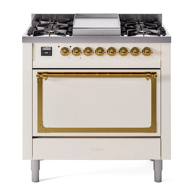 ILVE Nostalgie II Noblesse 36" Dual Fuel Freestanding Range in Antique White with Brass Trim, UN36FQNMPAWGLP