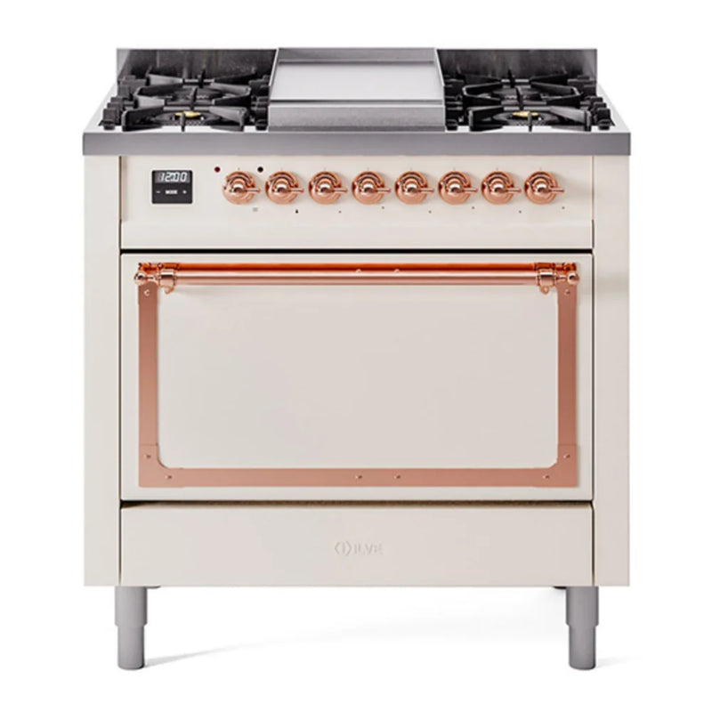 ILVE Nostalgie II Noblesse 36" Dual Fuel Freestanding Range in Antique White with Copper Trim, UN36FQNMPAWPLP