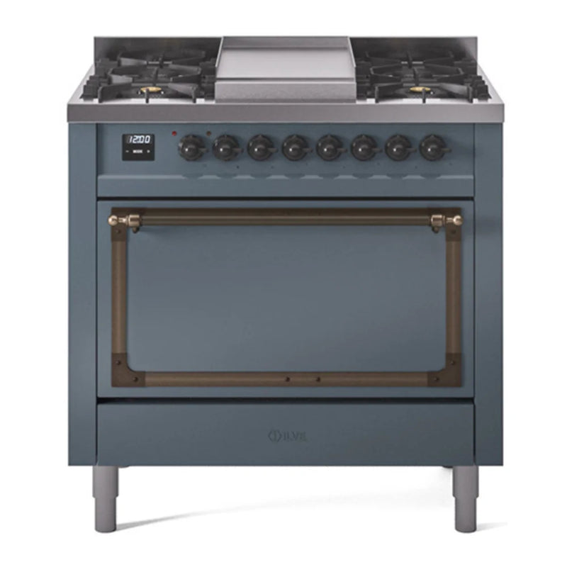 ILVE Nostalgie II Noblesse 36" Dual Fuel Freestanding Range in Blue Grey with Burnished Trim, UN36FQNMPBGB