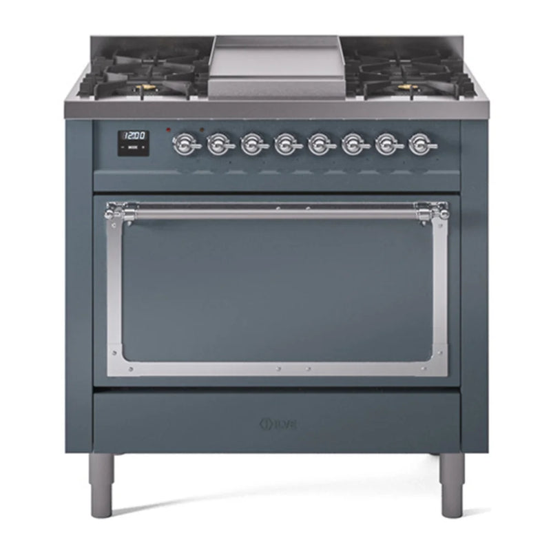 ILVE Nostalgie II Noblesse 36" Dual Fuel Freestanding Range in Blue Grey with Chrome Trim, UN36FQNMPBGC