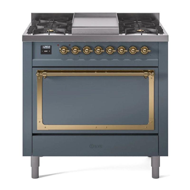 ILVE Nostalgie II Noblesse 36" Dual Fuel Freestanding Range in Blue Grey with Brass Trim, UN36FQNMPBGGLP
