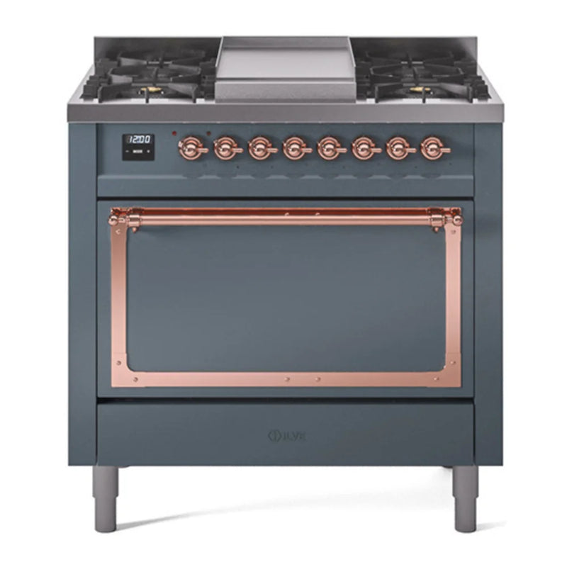 ILVE Nostalgie II Noblesse 36" Dual Fuel Freestanding Range in Blue Grey with Copper Trim, UN36FQNMPBGPLP