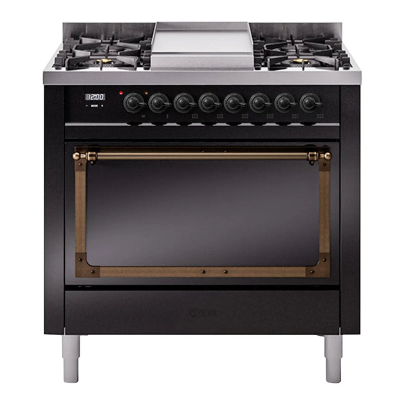 ILVE Nostalgie II Noblesse 36" Dual Fuel Freestanding Range in Glossy Black with Burnished Trim, UN36FQNMPBKB