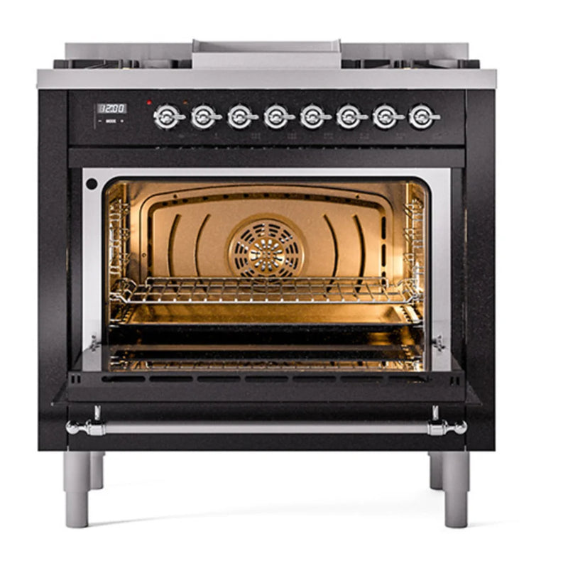 ILVE Nostalgie II Noblesse 36" Dual Fuel Freestanding Range in Glossy Black with Chrome Trim, UN36FQNMPBKCLP