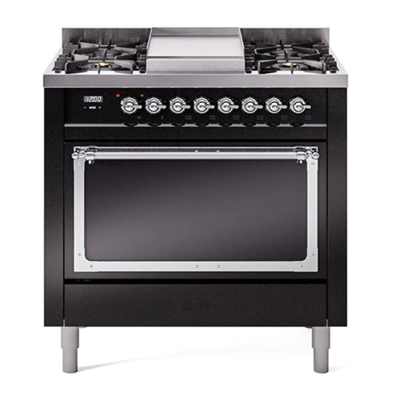 ILVE Nostalgie II Noblesse 36" Dual Fuel Freestanding Range in Glossy Black with Chrome Trim, UN36FQNMPBKC