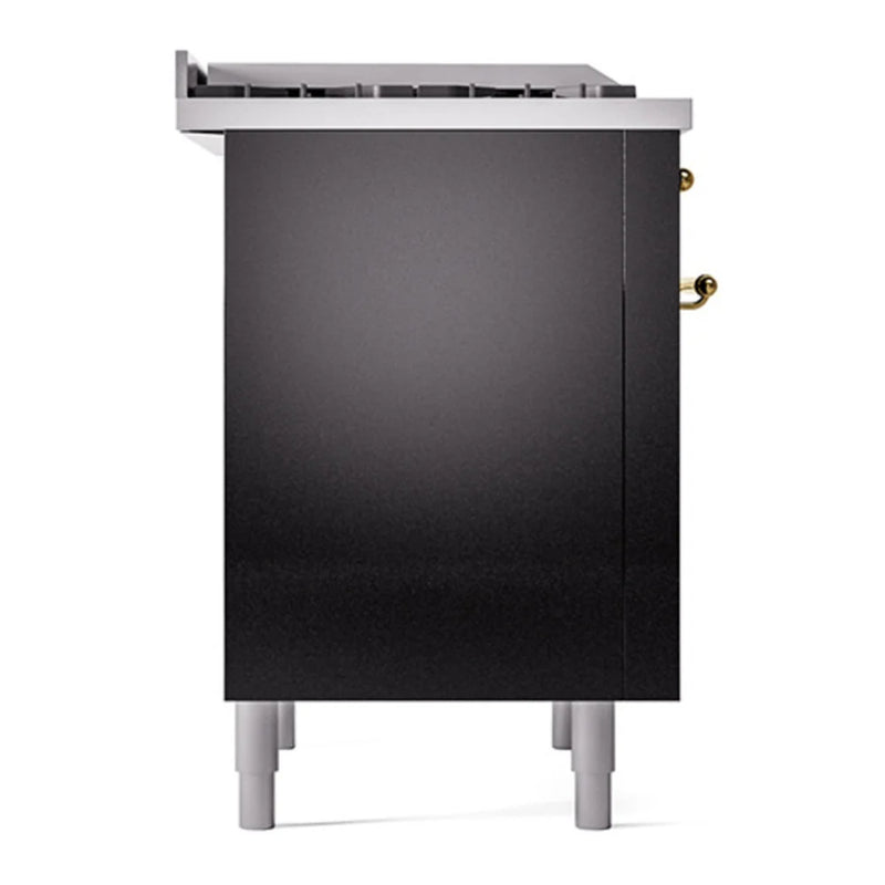 ILVE Nostalgie II Noblesse 36" Dual Fuel Freestanding Range in Glossy Black with Brass Trim, UN36FQNMPBKGLP