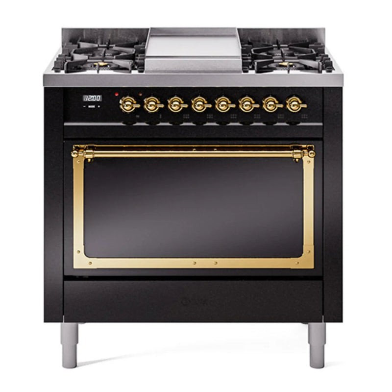 ILVE Nostalgie II Noblesse 36" Dual Fuel Freestanding Range in Glossy Black with Brass Trim, UN36FQNMPBKG
