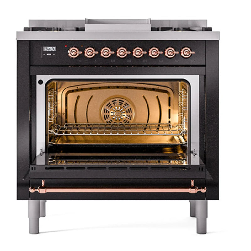 ILVE Nostalgie II Noblesse 36" Dual Fuel Freestanding Range in Glossy Black with Copper Trim, UN36FQNMPBKPLP