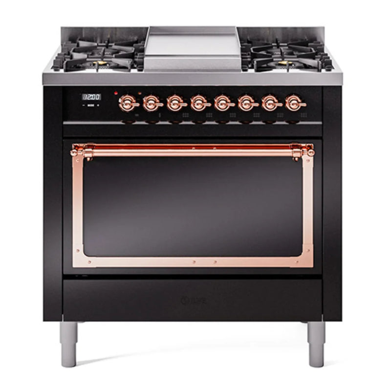 ILVE Nostalgie II Noblesse 36" Dual Fuel Freestanding Range in Glossy Black with Copper Trim, UN36FQNMPBKP